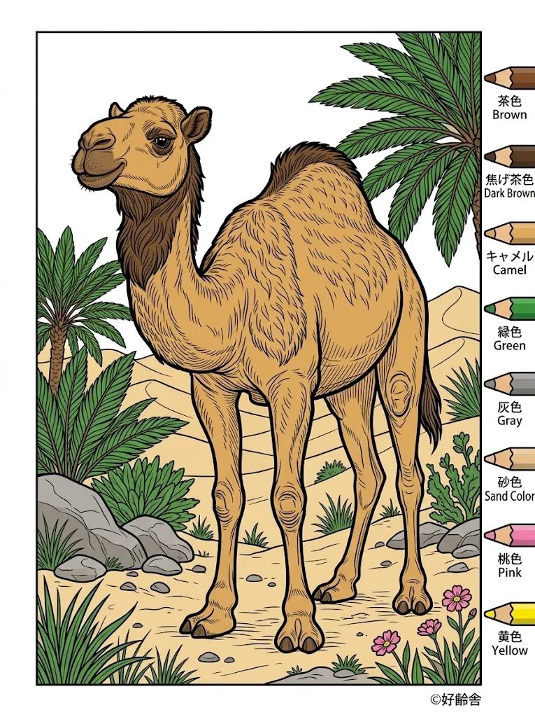 ラクダの塗り絵 完成見本（彩色の見本）