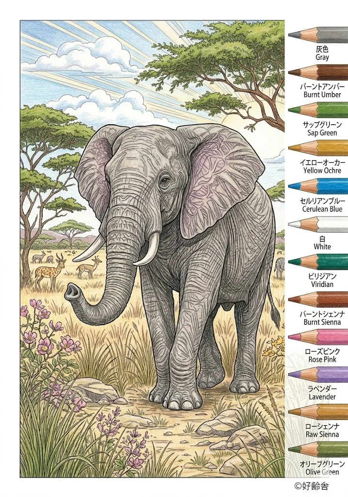 ゾウの塗り絵 完成見本（彩色の見本）