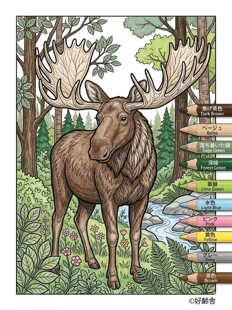 ヘラジカの塗り絵 完成見本（彩色の見本）