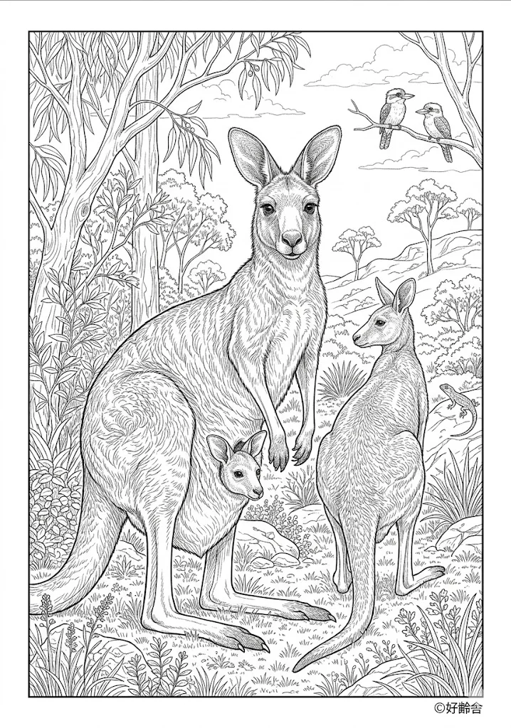 高齢者向け無料塗り絵：カンガルー（芸術家・A4印刷用）