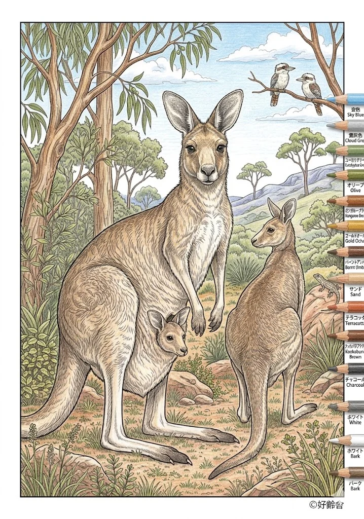 カンガルーの塗り絵 完成見本（彩色の見本）