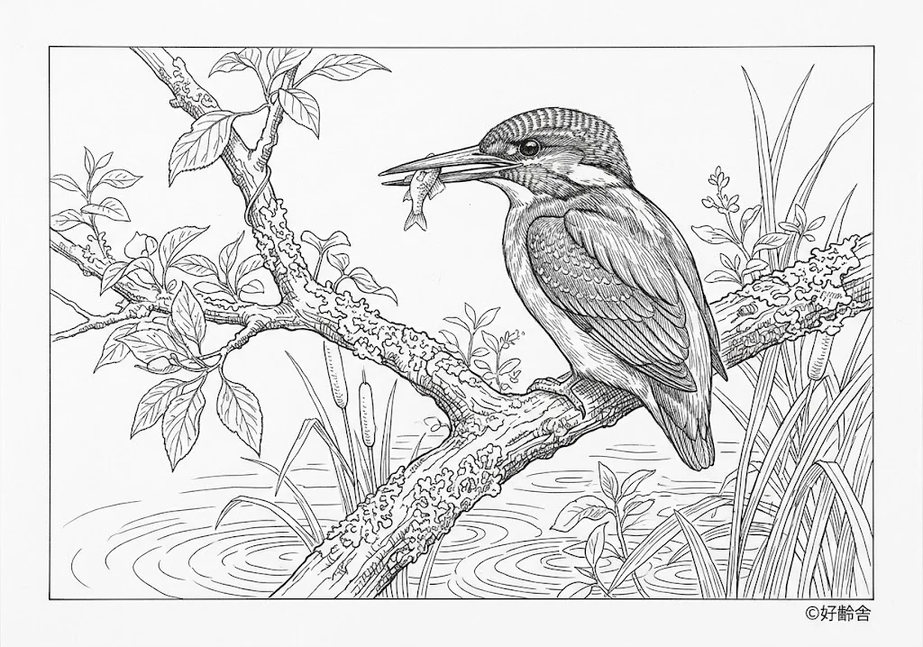 高齢者向け無料塗り絵：カワセミ（芸術家・A4印刷用）