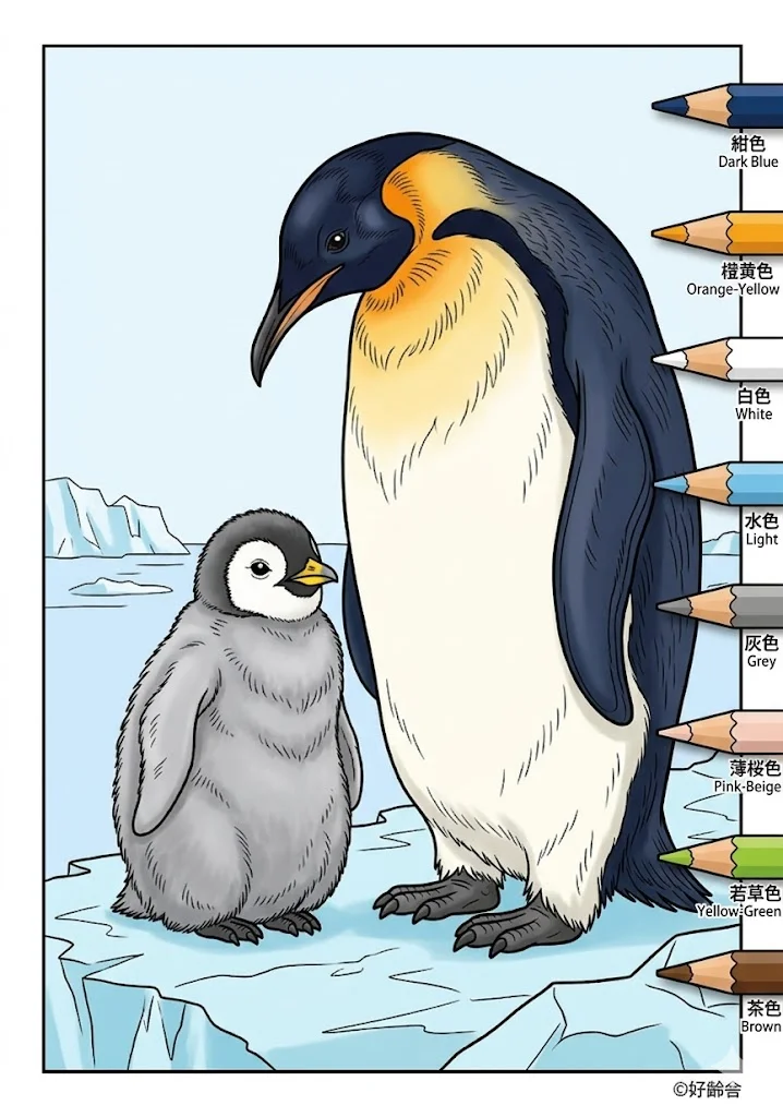 ペンギンの塗り絵 完成見本（彩色の見本）