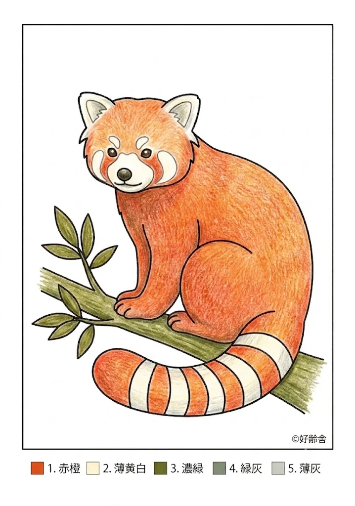 レッサーパンダの塗り絵 完成見本（彩色の見本）