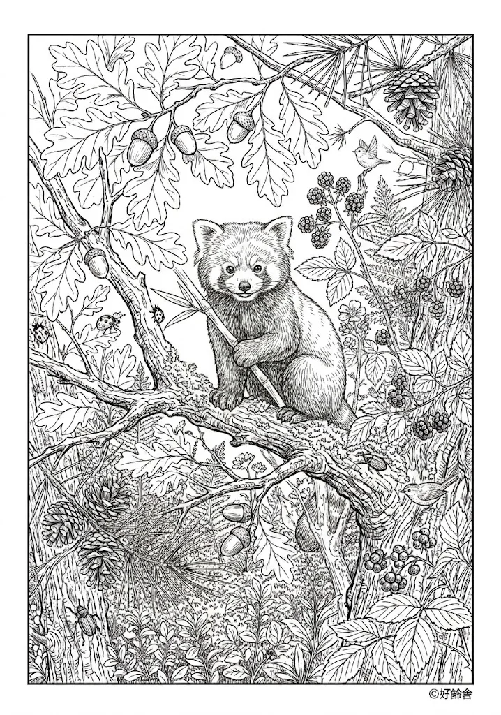 高齢者向け無料塗り絵：レッサーパンダ（芸術家・A4印刷用）