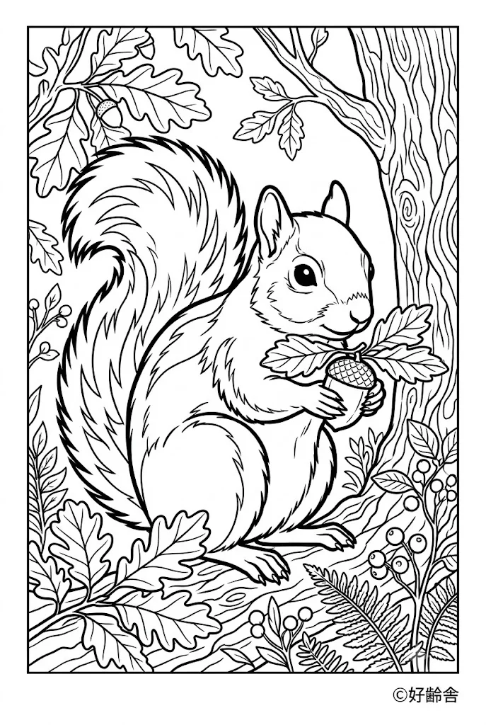 高齢者向け無料塗り絵：リス（上級・A4印刷用）