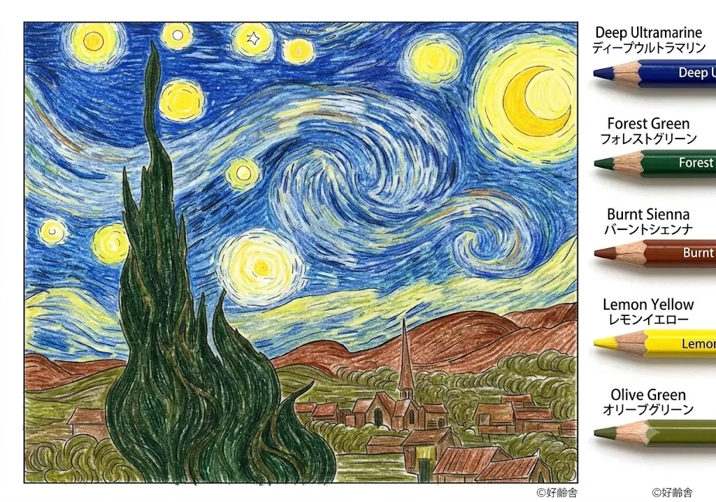 星月夜の塗り絵 完成見本（彩色の見本）