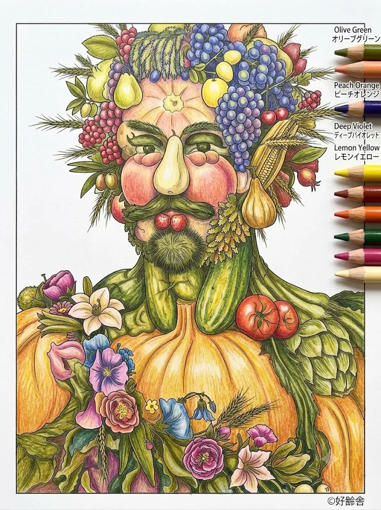 ウェルトゥムヌスに扮するルドルフ2世の塗り絵 完成見本（彩色の見本）