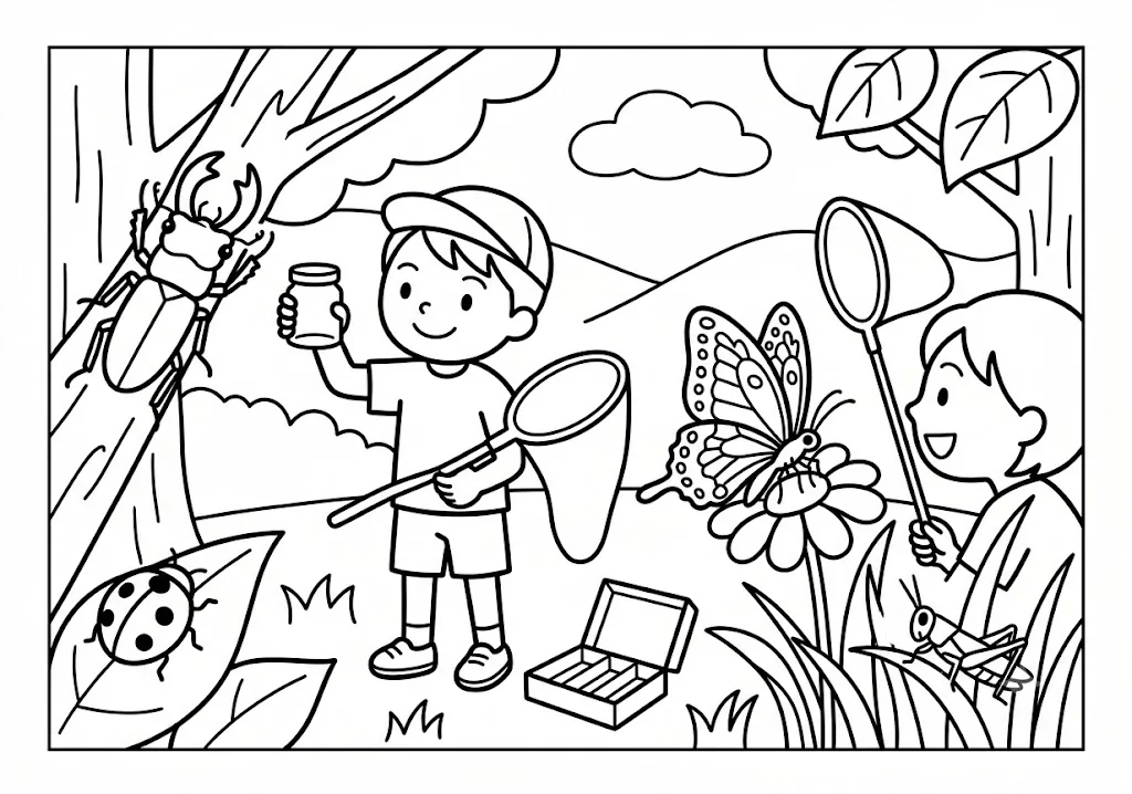 高齢者向け無料塗り絵：虫取り網とビンを持ってクワガタや蝶を探す、夏休みの虫取り（A4印刷用・脳トレ介護レク）