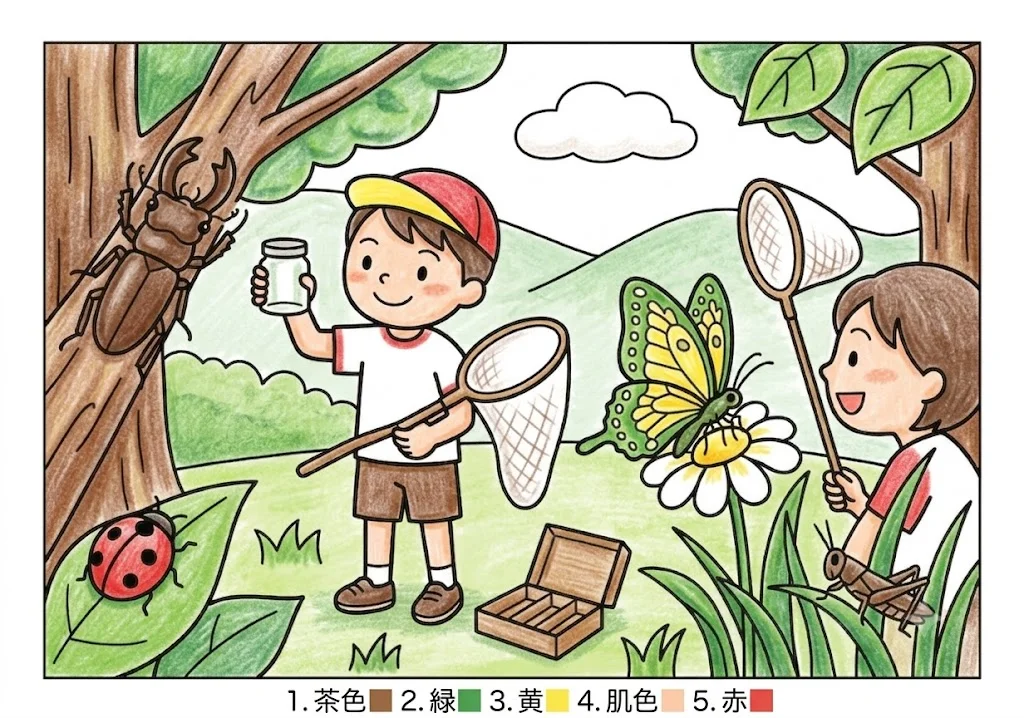 虫取り (1)の下絵の塗り絵 完成見本（カラーサンプル・高齢者レク用）