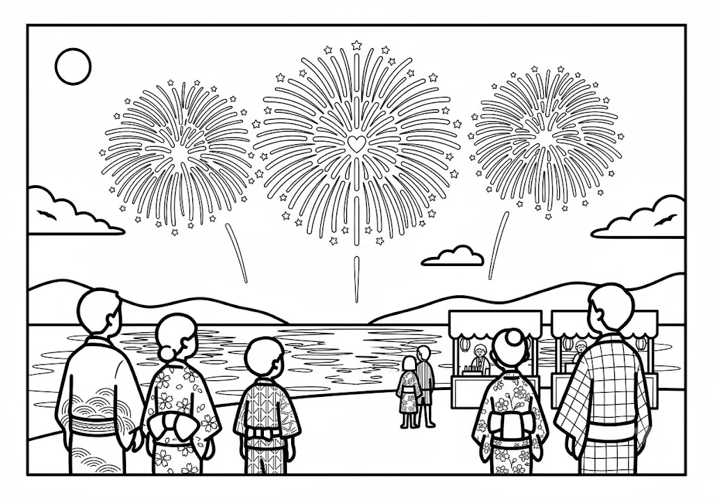 高齢者向け無料塗り絵：浴衣姿の家族が夜空に上がる大輪の花火を見上げる、花火大会（A4印刷用・脳トレ介護レク）