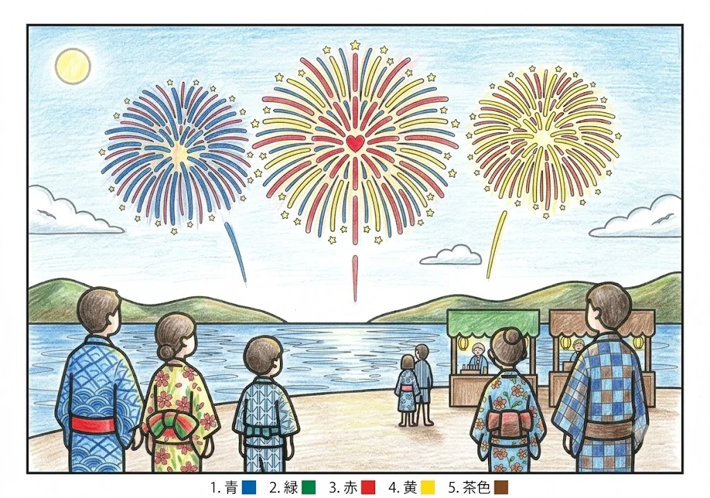 花火大会 (1)の下絵の塗り絵 完成見本（カラーサンプル・高齢者レク用）