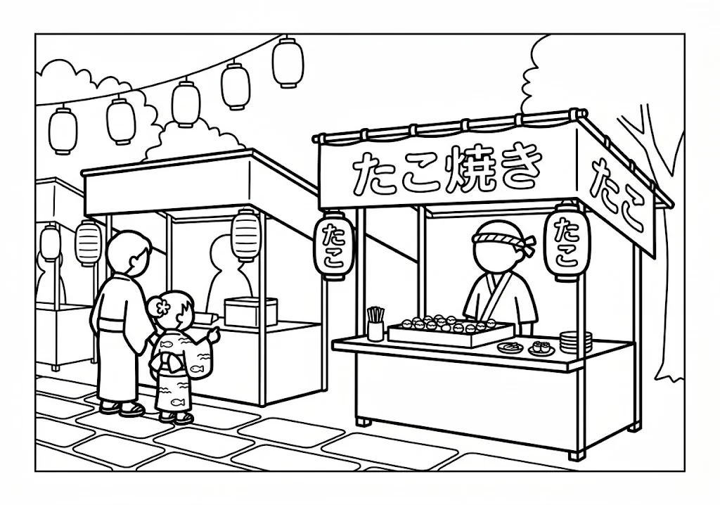 高齢者向け無料塗り絵：浴衣姿の親子がたこ焼き屋台に並ぶ、提灯灯る夏祭りの夜店（A4印刷用・脳トレ介護レク）