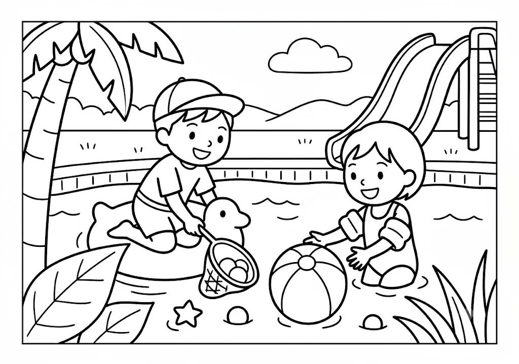 高齢者向け無料塗り絵：浮き輪に乗った男の子とビーチボールで遊ぶ女の子、夏のプール遊び（A4印刷用・脳トレ介護レク）