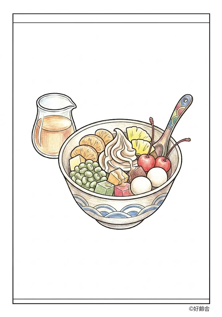 あんみつの塗り絵 完成見本（カラーサンプル・高齢者レク用）