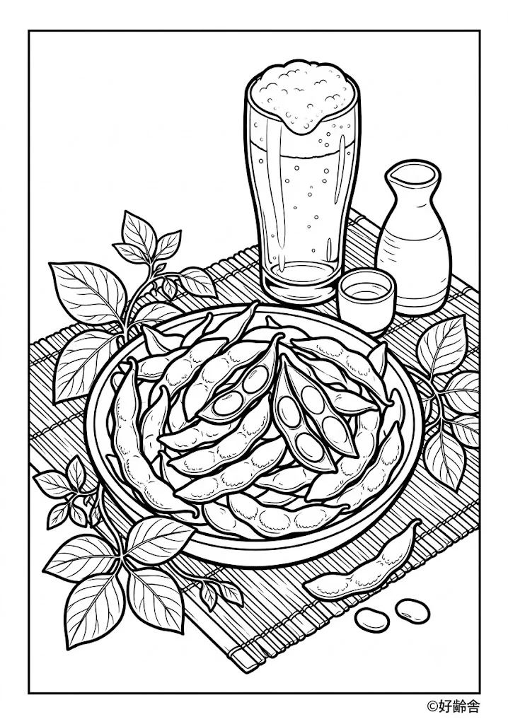 高齢者向け無料塗り絵：ビールと枝豆（A4印刷用・脳トレ介護レク）