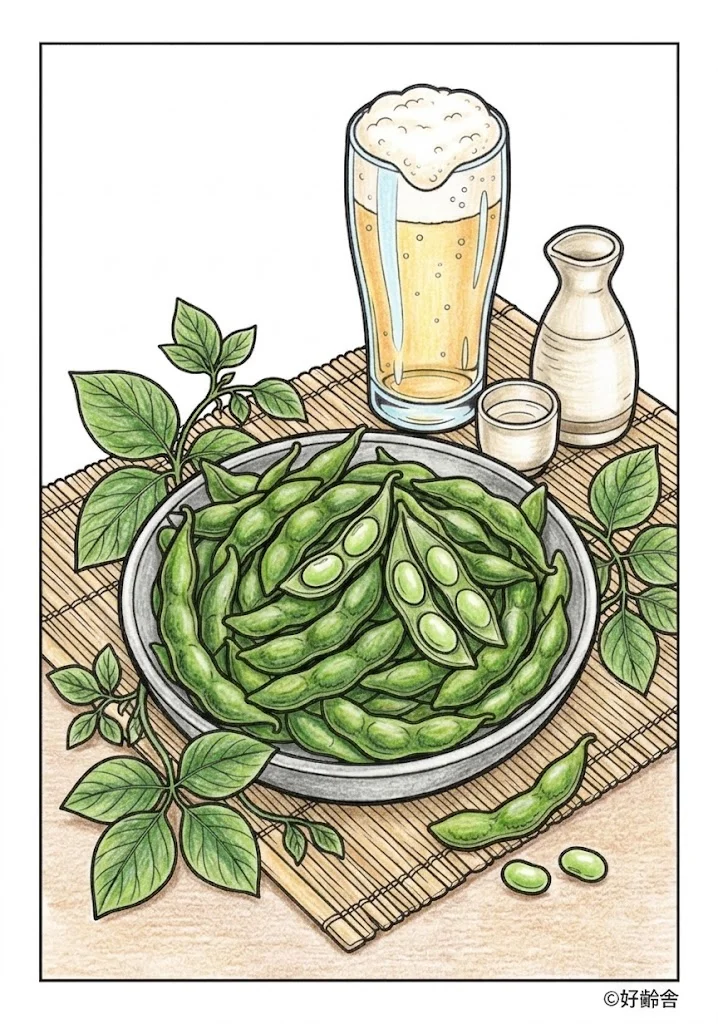 ビールと枝豆の塗り絵 完成見本（カラーサンプル・高齢者レク用）