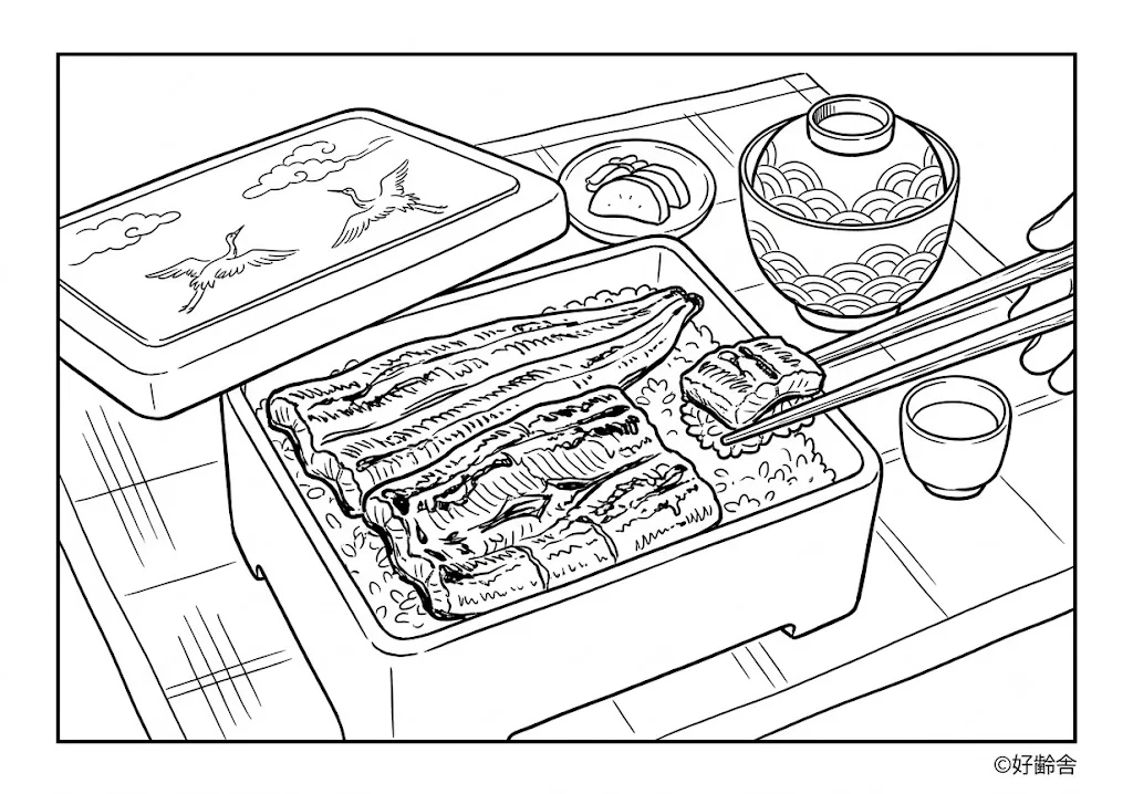 高齢者向け無料塗り絵：うな重（A4印刷用・脳トレ介護レク）