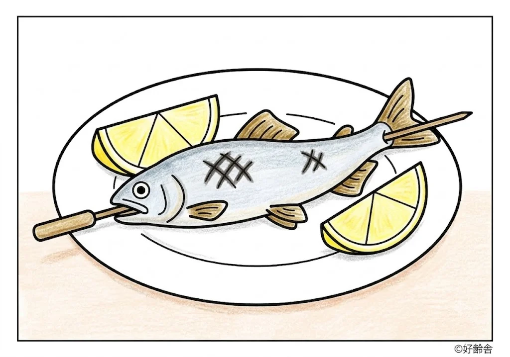 鮎の塩焼きの塗り絵 完成見本（カラーサンプル・高齢者レク用）