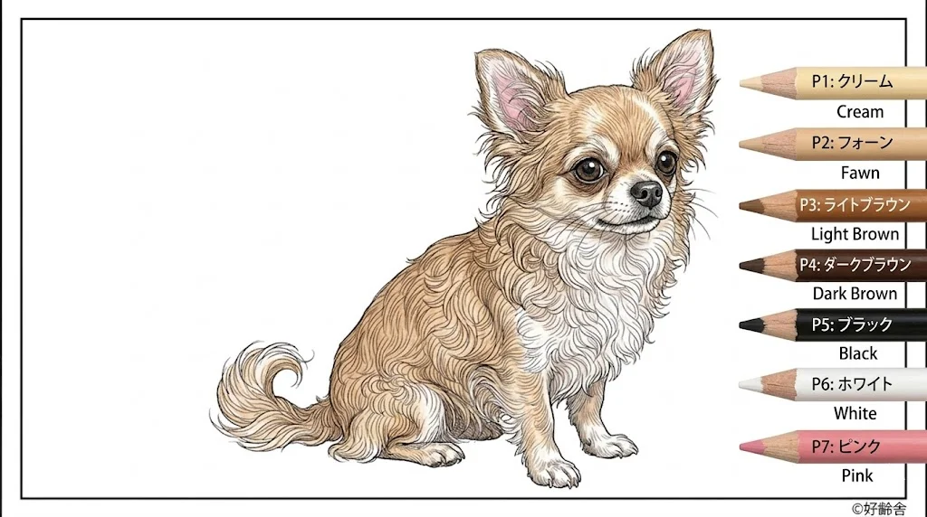 チワワの塗り絵 完成見本（カラーサンプル・高齢者レク用）