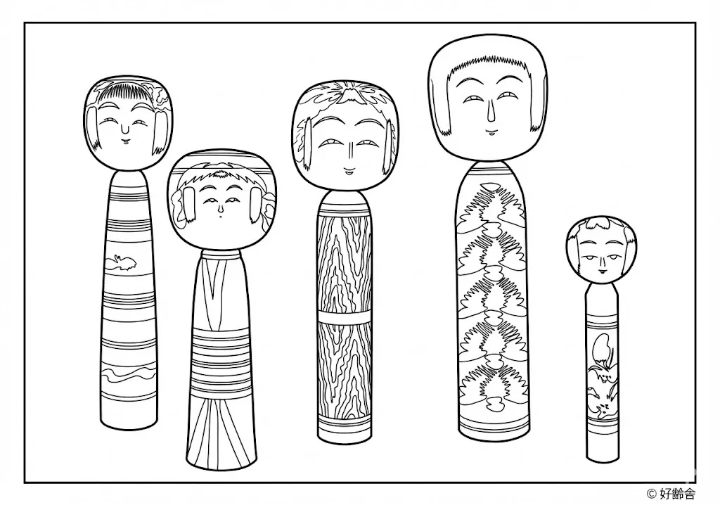 高齢者向け無料塗り絵：こけし（A4印刷用・脳トレ介護レク）