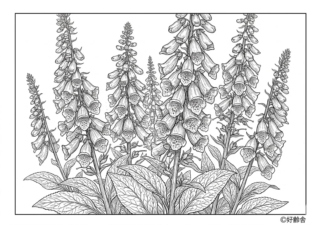 Printable Digitalis coloring book coloring page for seniors