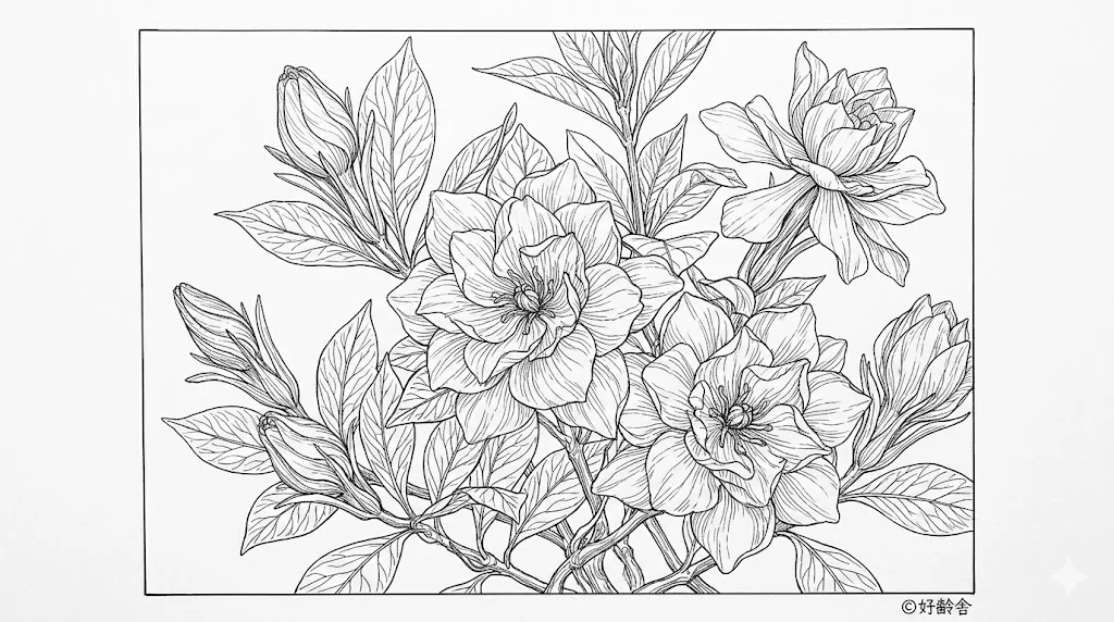 Printable Gardenia coloring book coloring page for seniors