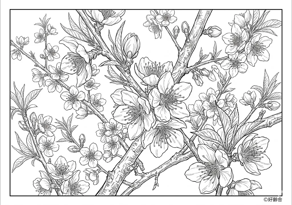 Printable Peach Flowers coloring book coloring page for seniors
