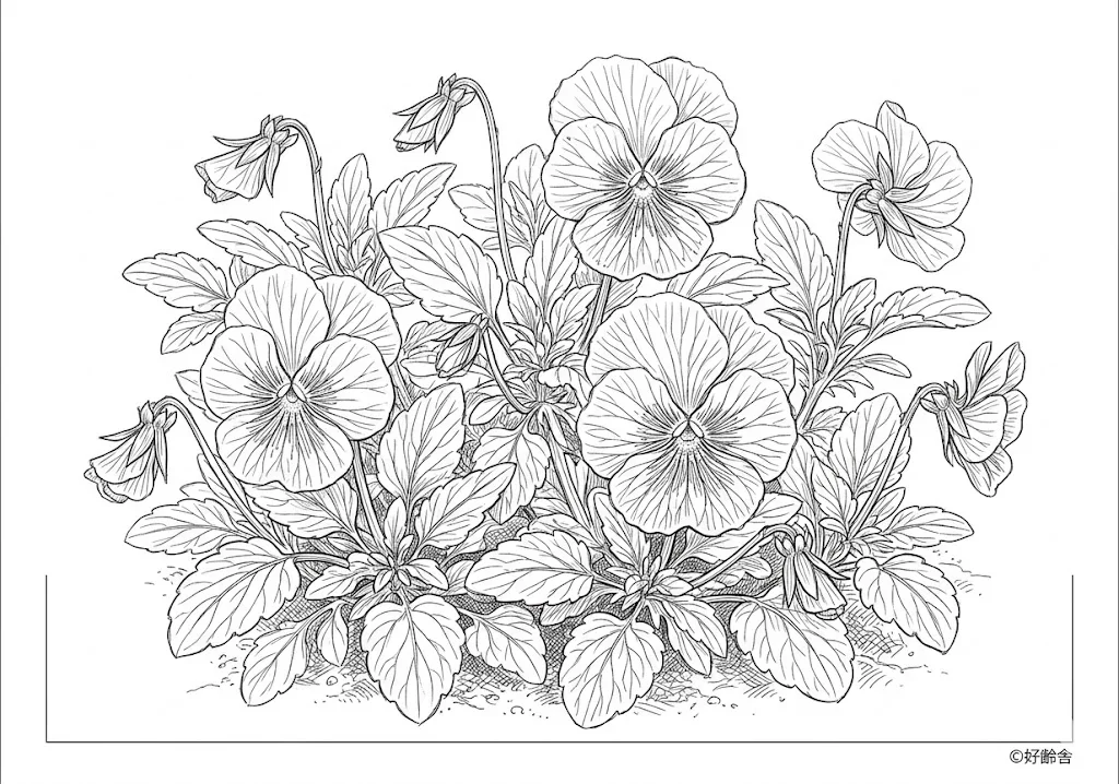 Printable Pansy coloring book coloring page for seniors