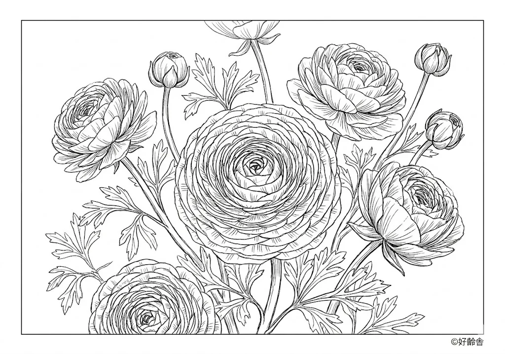 Printable Ranunculus coloring book coloring page for seniors
