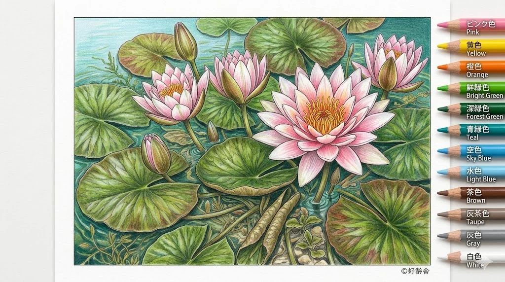 Colored Water lily coloring book coloring page example