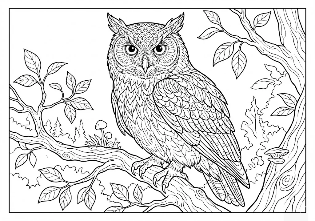 Printable Free Animal Coloring for Seniors: Owl coloring page for seniors