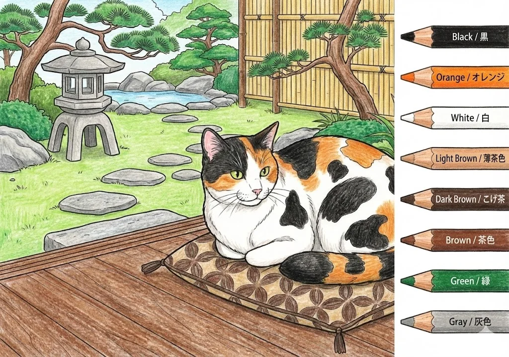 Colored Free Animal Coloring for Seniors: Calico Cat coloring page example