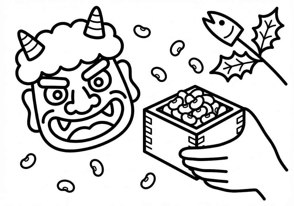 Mamemaki — Bean Scattering coloring page