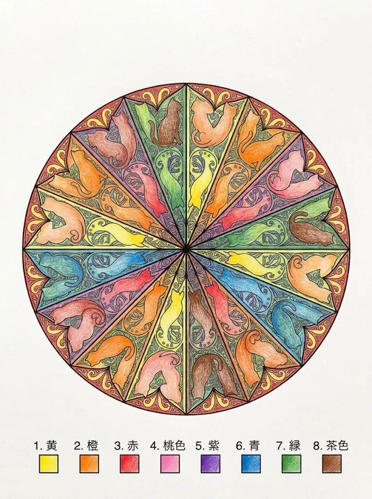 Colored sample of the Cat Mandala coloring page