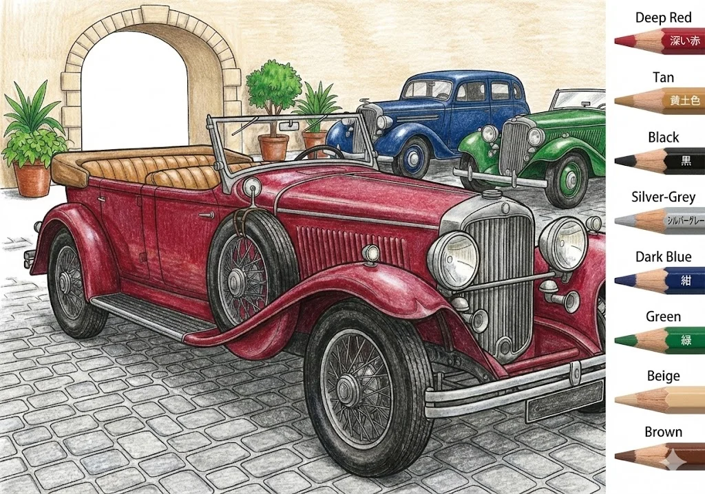 Colored sample of the Classic Cars coloring page