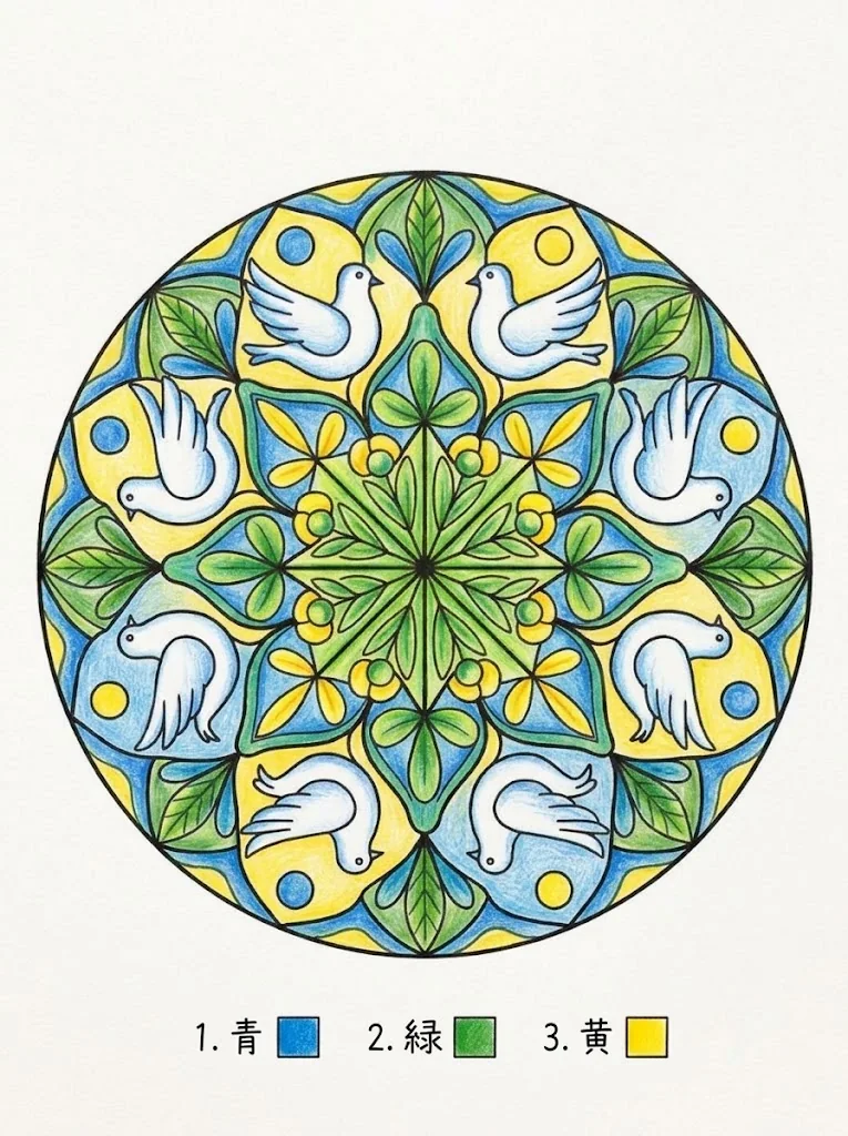Colored sample of the Dove Mandala coloring page