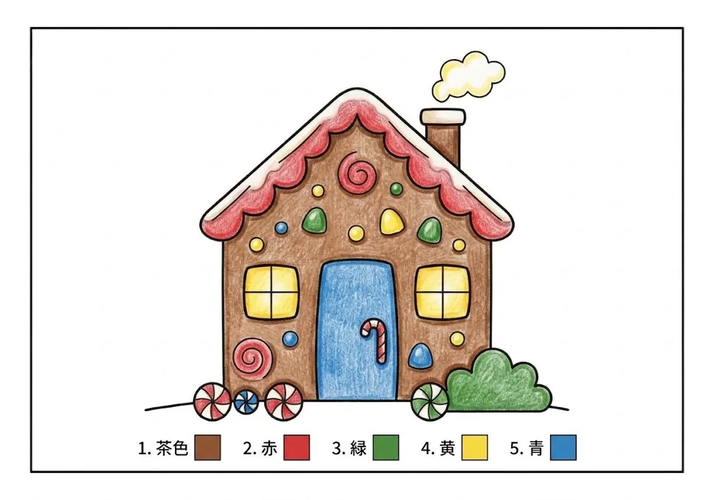 Colored sample of the Gingerbread House coloring page