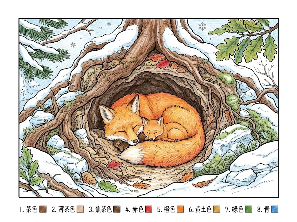 Colored sample of the Sleeping Fox Family coloring page