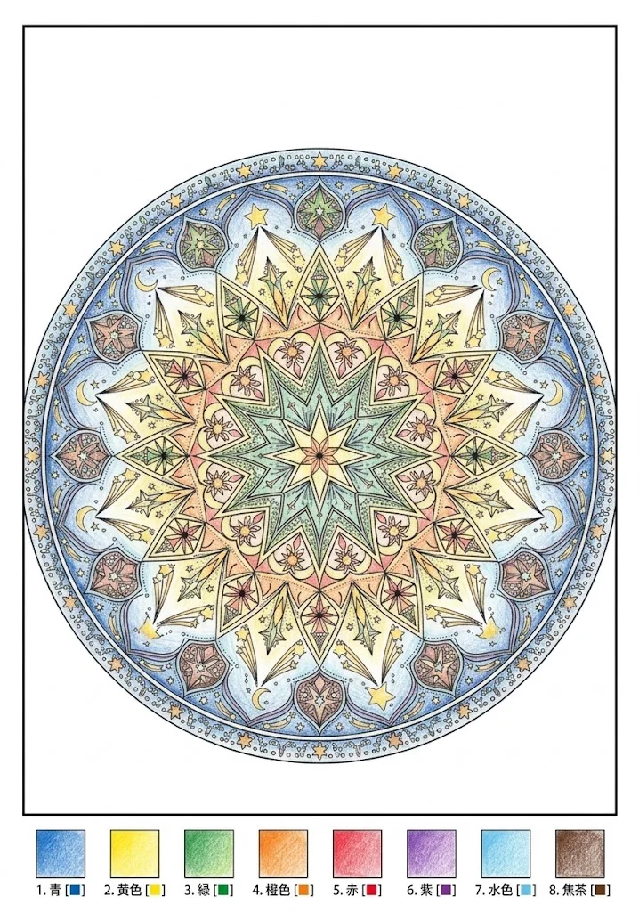 星の曼荼羅の塗り絵 完成見本（カラーサンプル・高齢者レク用）