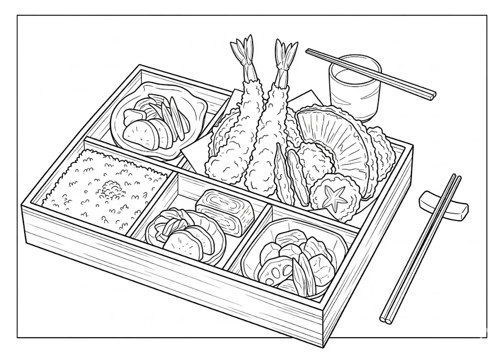 Printable free coloring page for seniors: Crispy Tempura Bento coloring page