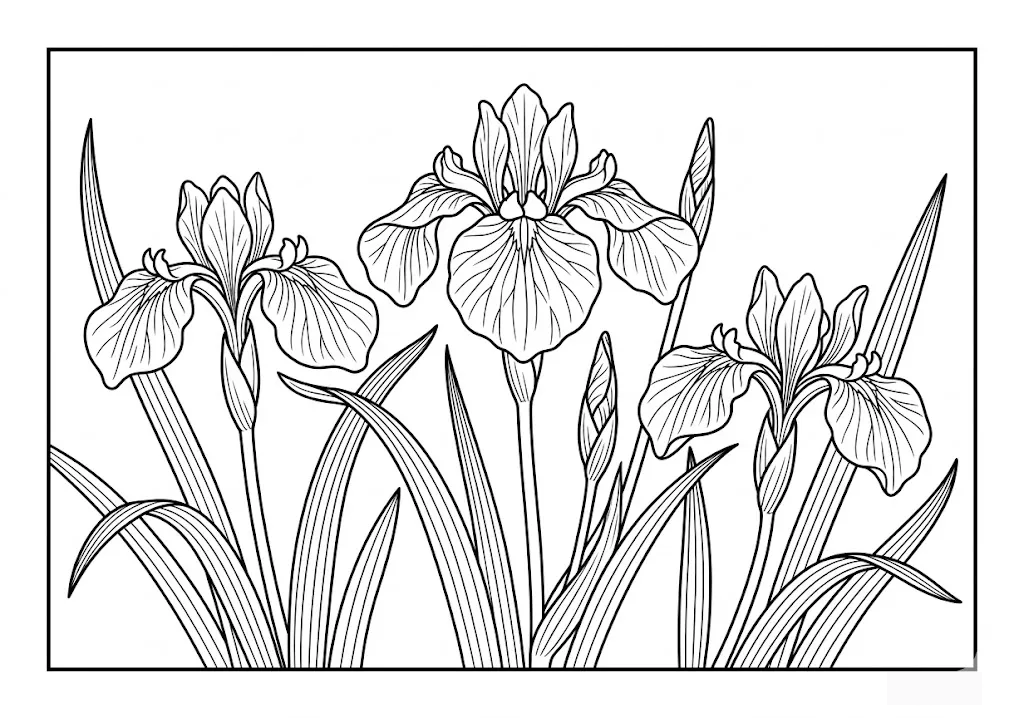 Printable Iris (Ayame) coloring book coloring page for seniors