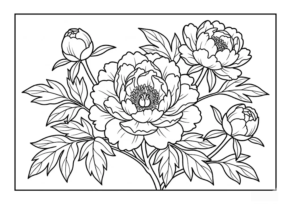 Printable Tree Peony coloring book coloring page for seniors