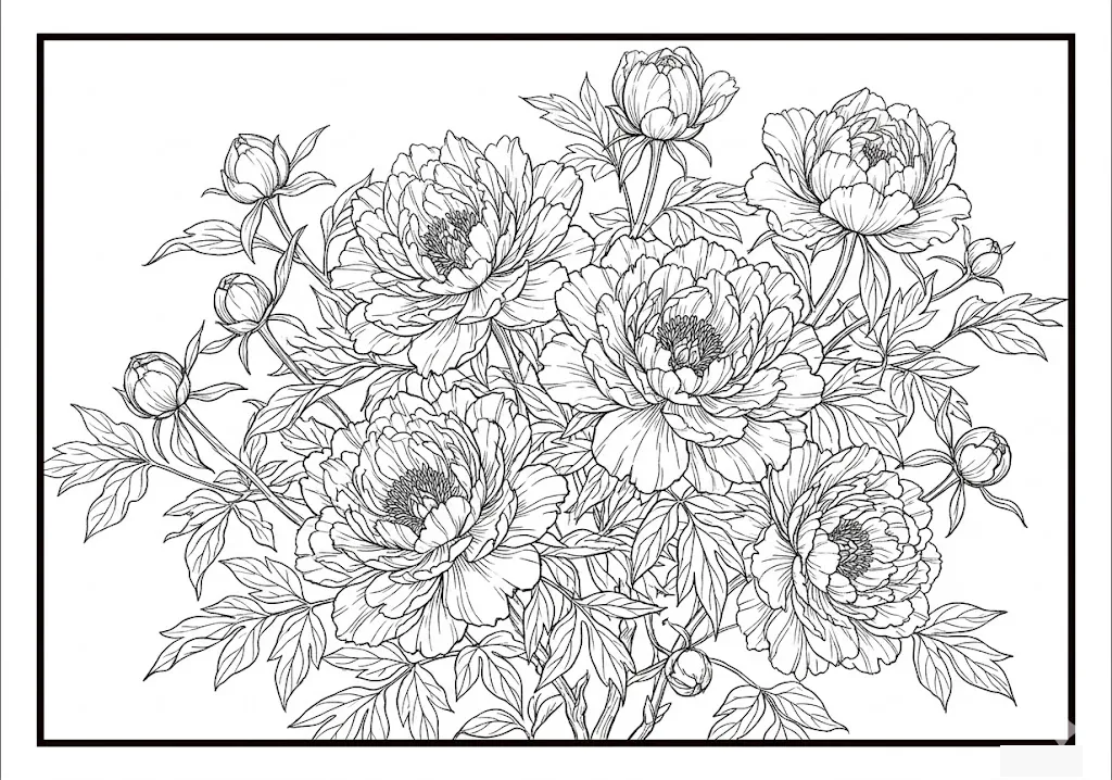 Printable Tree Peony coloring book coloring page for seniors