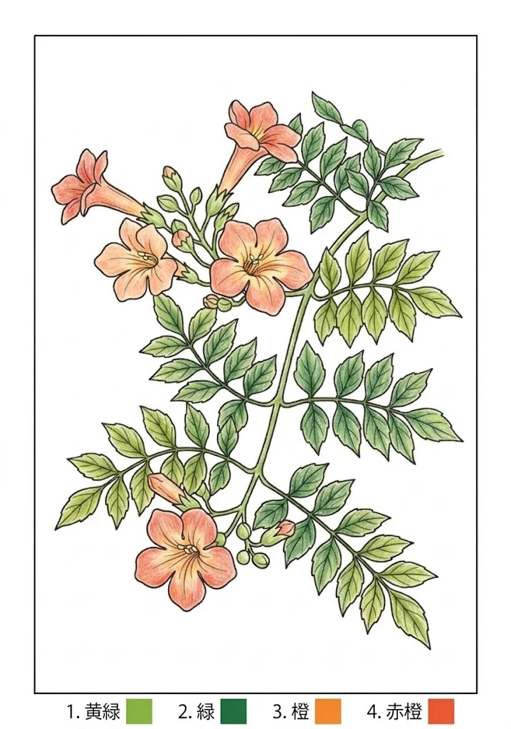 Colored Chinese Trumpet Vine coloring book coloring page example