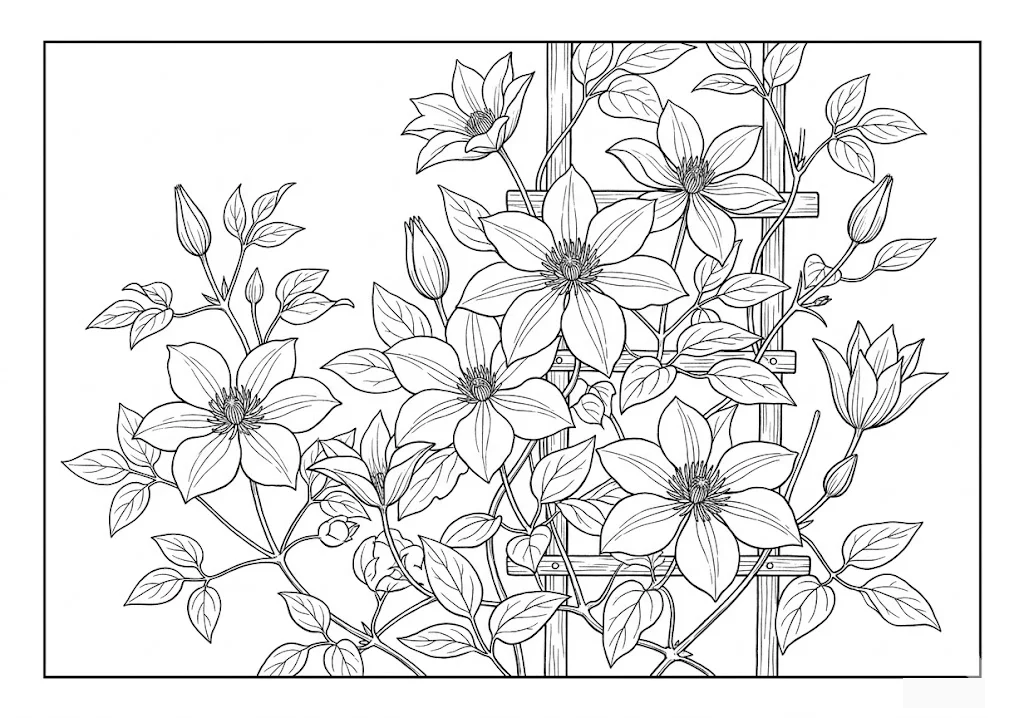 Printable Clematis coloring book coloring page for seniors