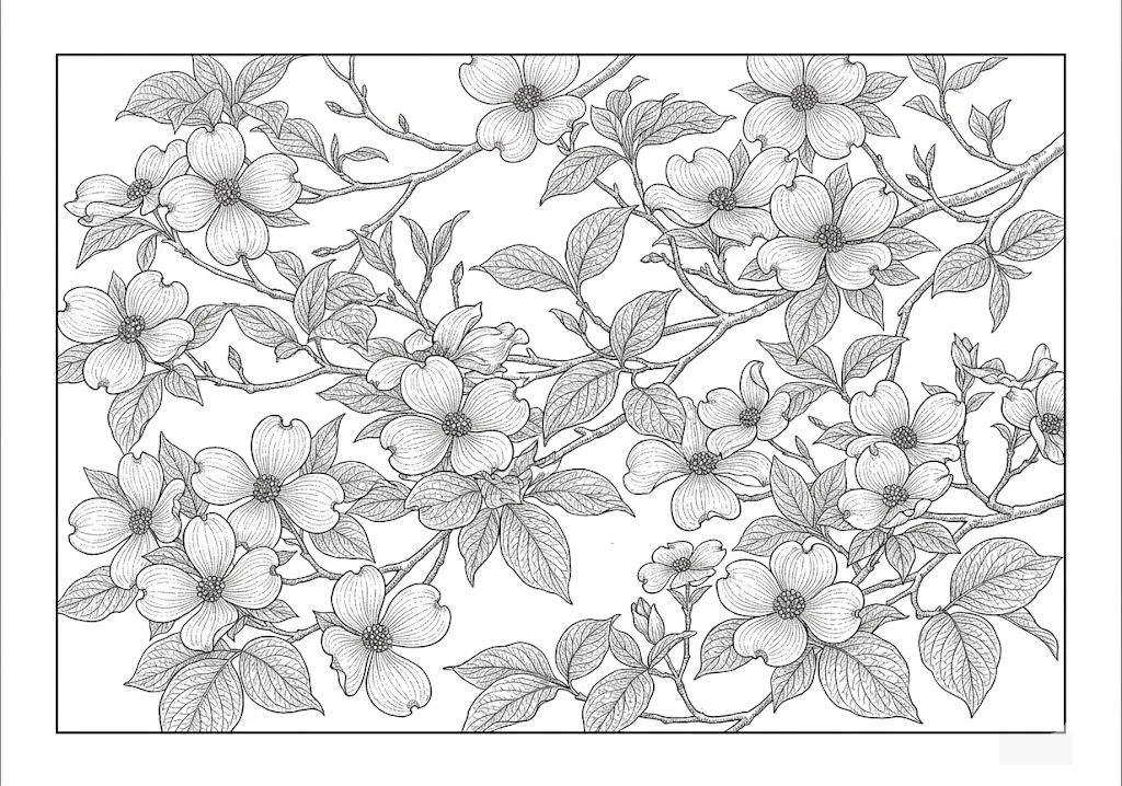 Printable Dogwood coloring book coloring page for seniors