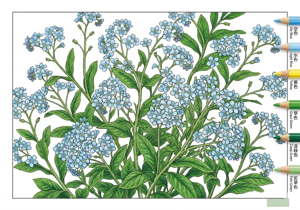 Colored Forget-me-not coloring book coloring page example