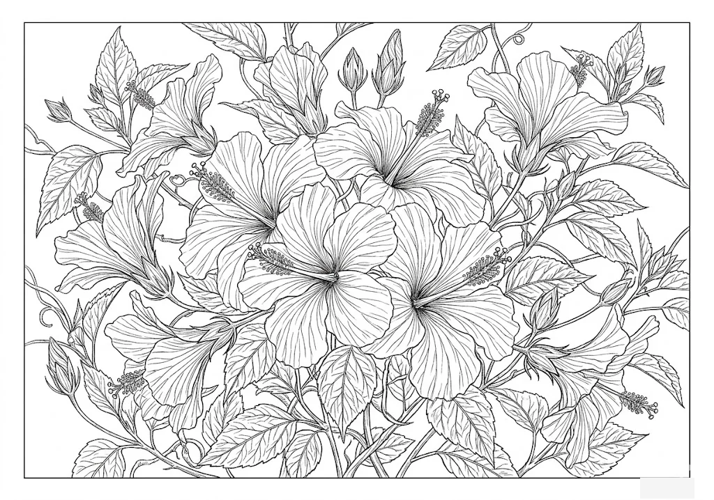 Printable Hibiscus coloring book coloring page for seniors