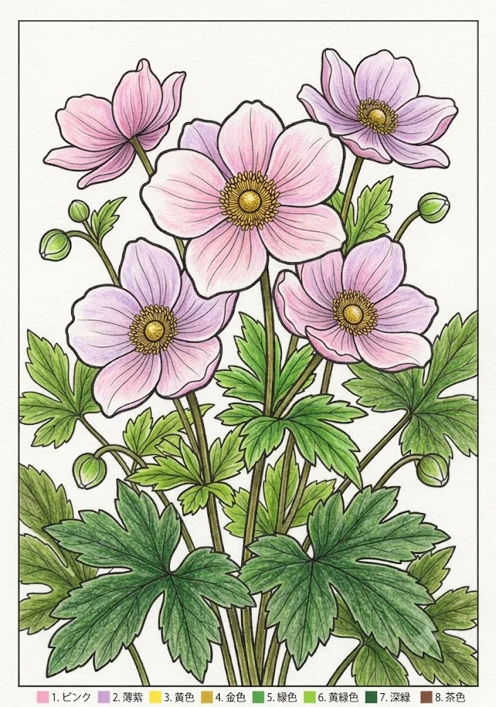 Colored Japanese Anemone coloring book coloring page example